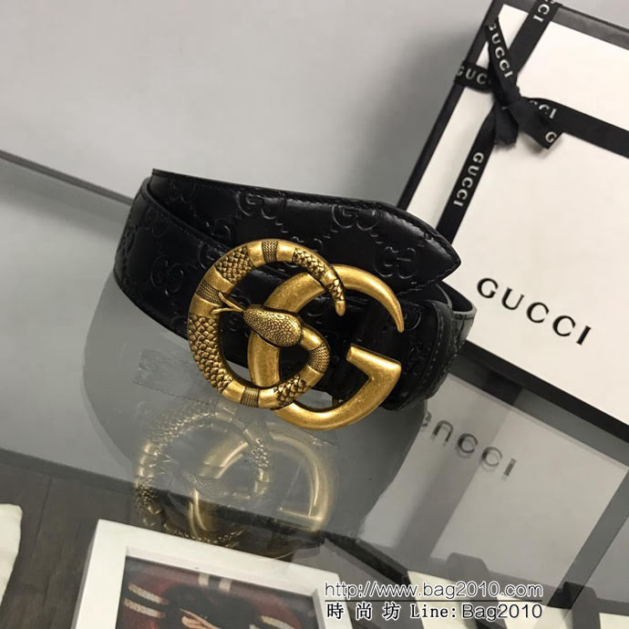 GUCCI古馳 官網新款 正品規格 原單品質 頭層小牛皮壓花 對版尖尾 復古花蛇GG古金扣 男士皮帶  xfp1087